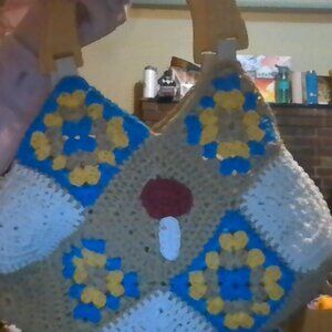 Knit/Sewed Wooden Handle Mushroom Flower Hand Bag